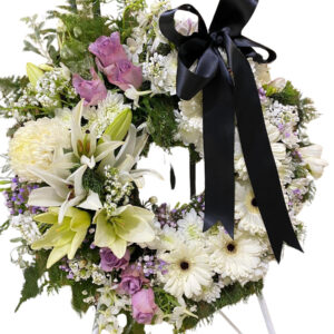 Elegant White & Lilac Funeral Wreath – Harrisdale