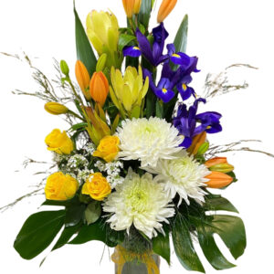 Tall Yellow, Iris & White Chrysanthemum Display – Harrisdale