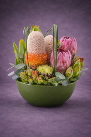 Exotic Floral Arrangement in Green Bowl – Unique Flowers Harrisdale WA