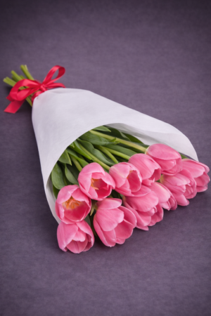 Pink Tulip Bouquet with Red Ribbon – Spring Flowers Delivery Harrisdale WA